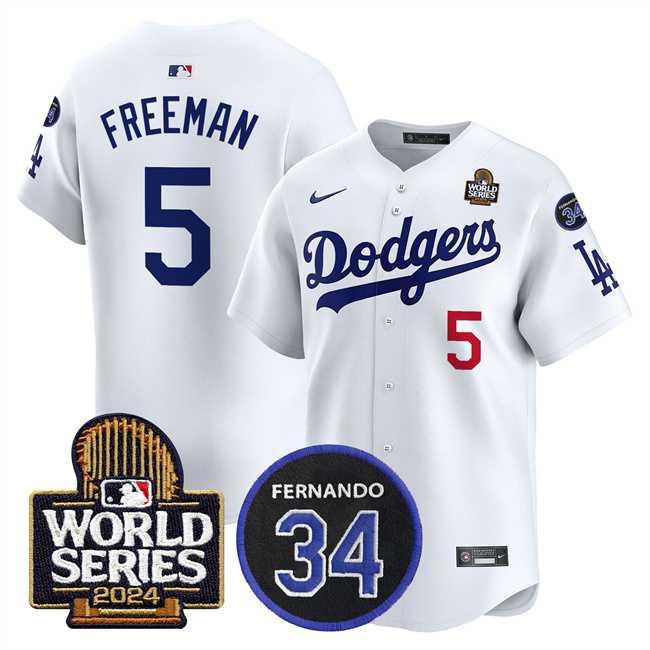 Men%27s Los Angeles Dodgers #5 Freddie Freeman White 2024 World Series With Fernando Memorial Patch Limited Stitched Baseball Jersey->los angeles dodgers->MLB Jersey